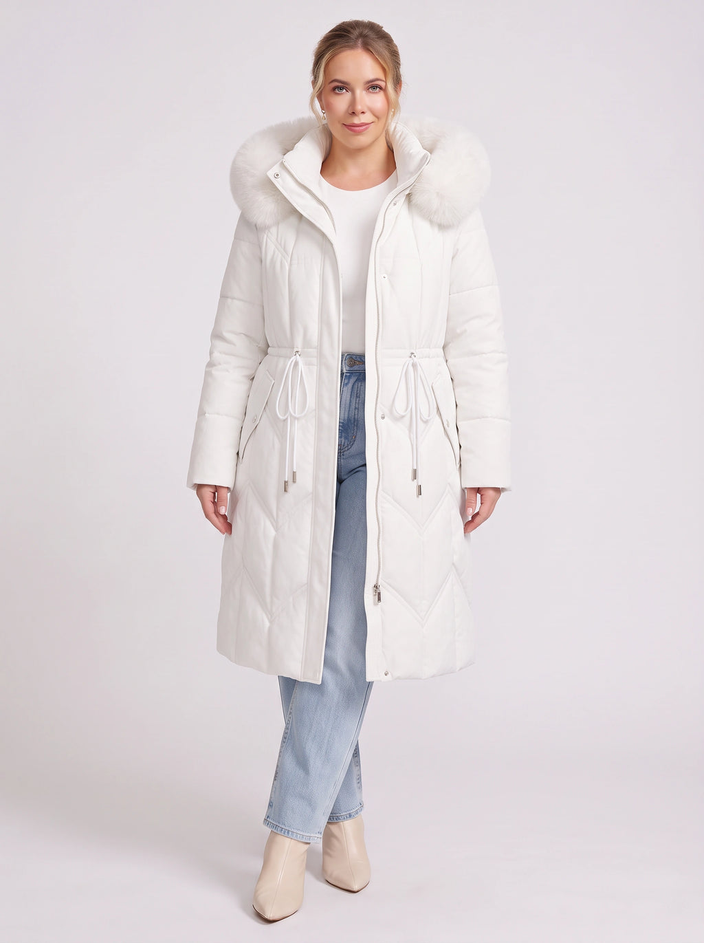 Brenora Faux Fur Hood Longline Puffer Coat – Women Beige Quilted Padded Winter Jacket Outerwear