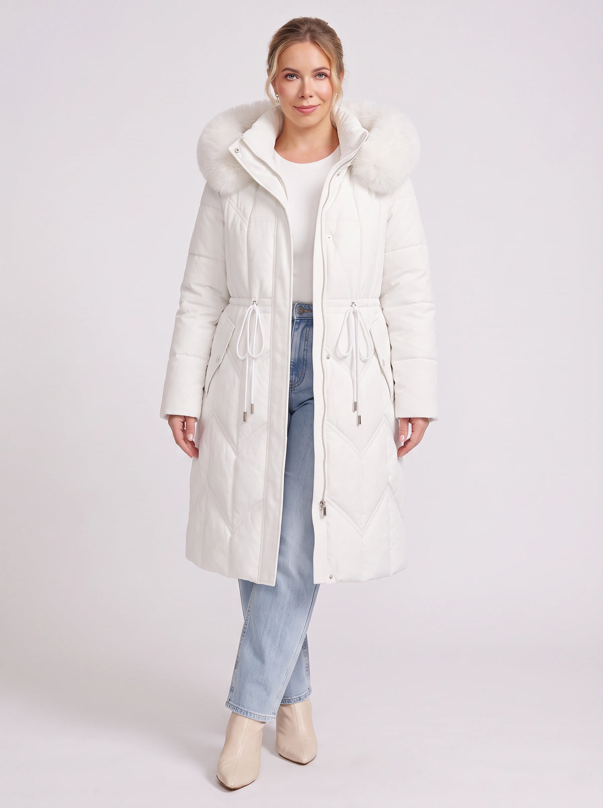Brenora Faux Fur Hood Longline Puffer Coat – Women Beige Quilted Padded Winter Jacket Outerwear