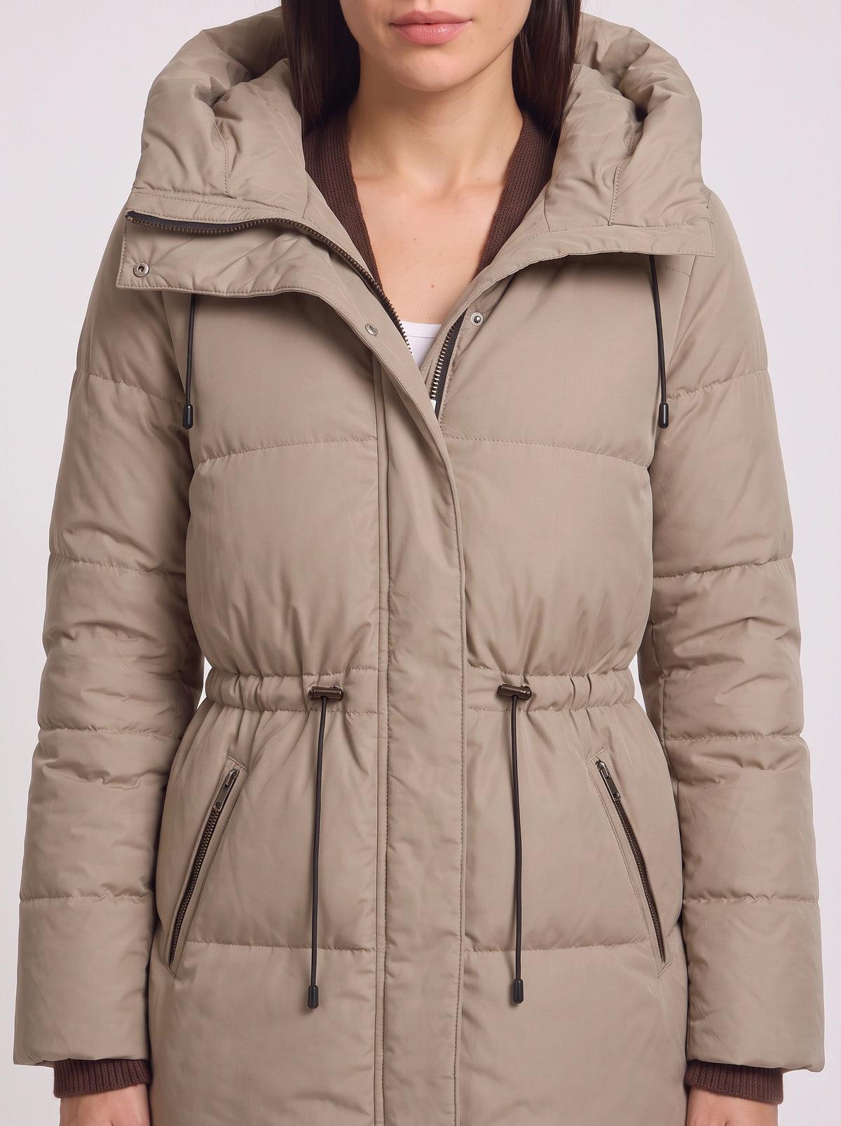 Cindria Hooded Quilted Puffer Jacket – Women Winter Padded Coat Drawstring Waist Longline Parka