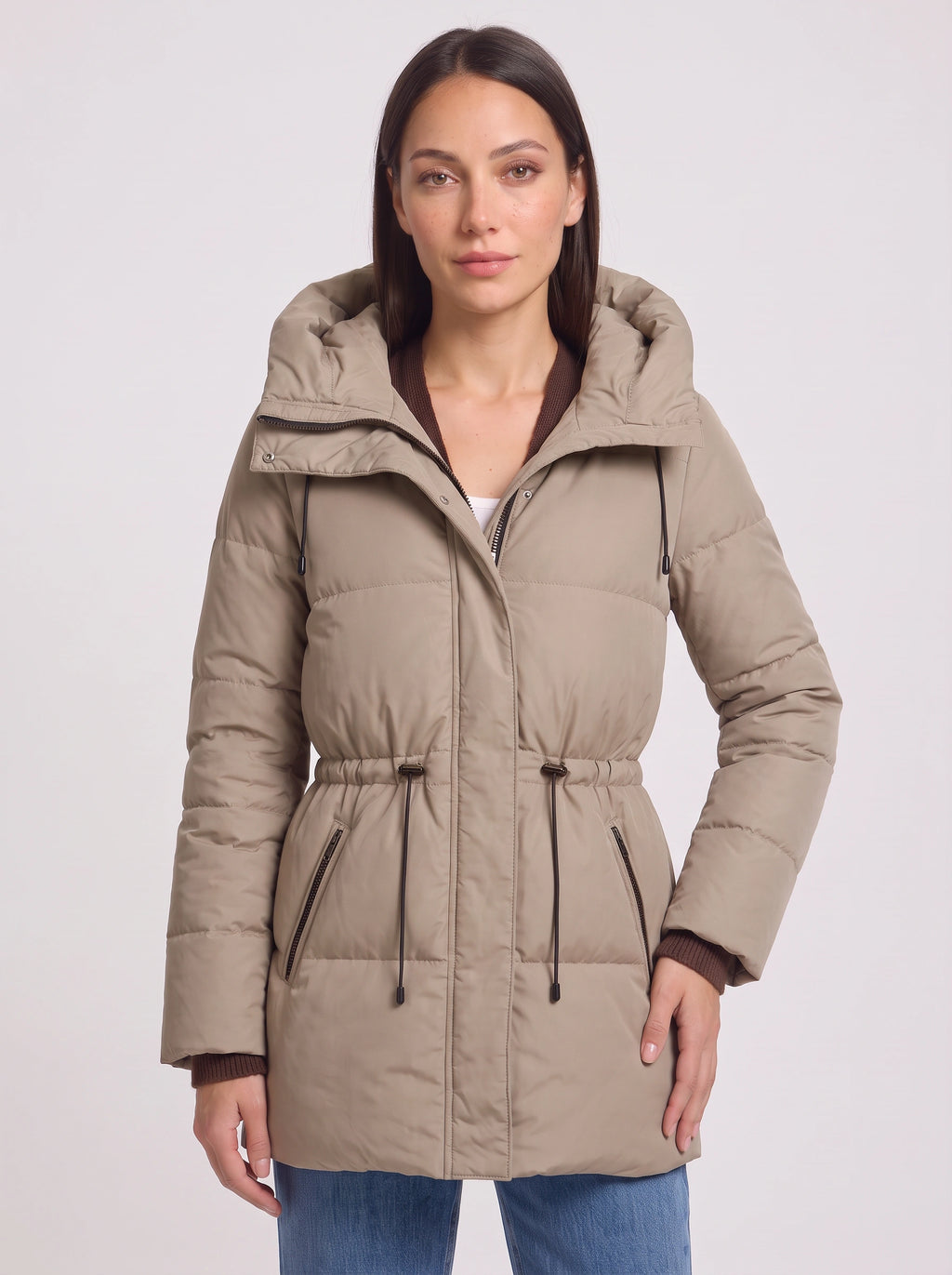 Cindria Hooded Quilted Puffer Jacket – Women Winter Padded Coat Drawstring Waist Longline Parka
