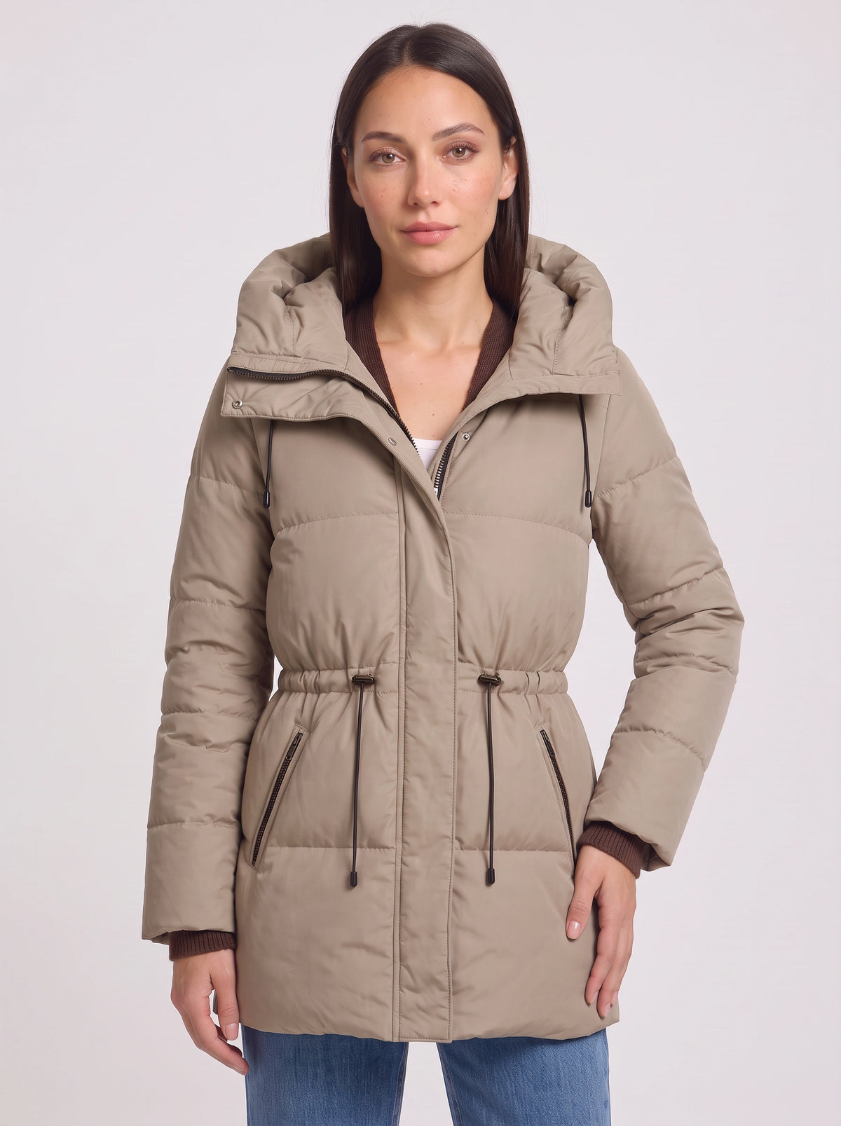 Cindria Hooded Quilted Puffer Jacket – Women Winter Padded Coat Drawstring Waist Longline Parka