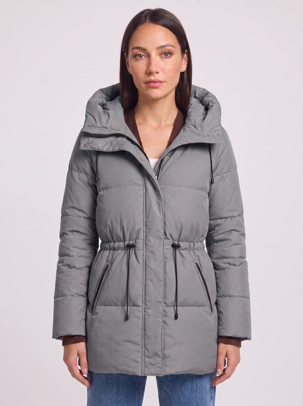 Cindria Hooded Quilted Puffer Jacket – Women Winter Padded Coat Drawstring Waist Longline Parka