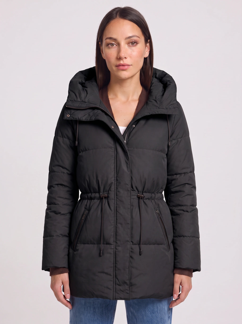 Cindria Hooded Quilted Puffer Jacket – Women Winter Padded Coat Drawstring Waist Longline Parka