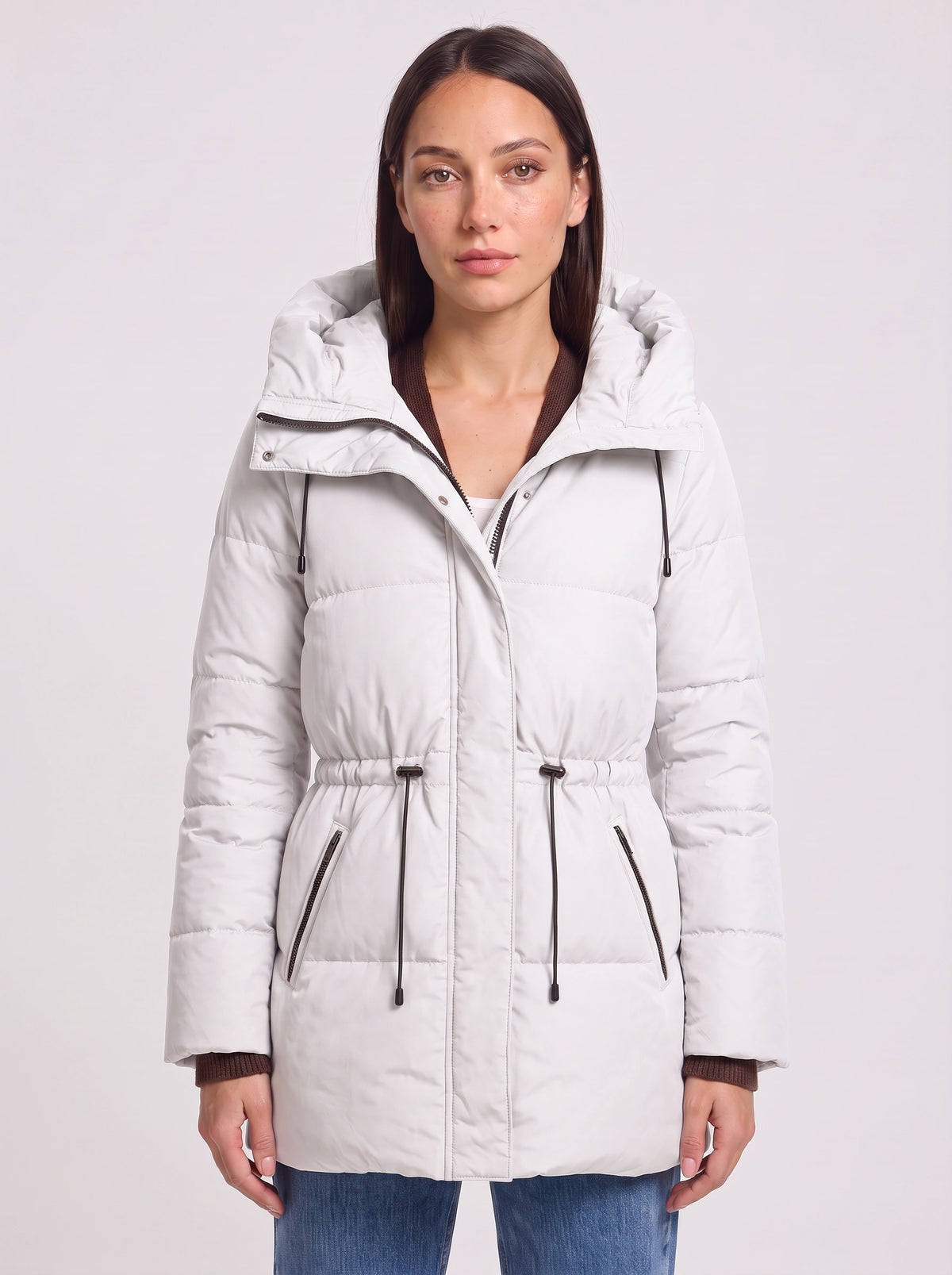 Cindria Hooded Quilted Puffer Jacket – Women Winter Padded Coat Drawstring Waist Longline Parka