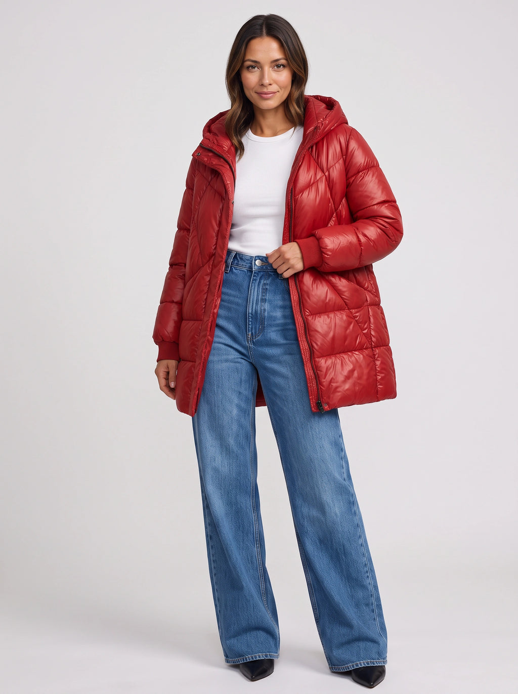 Rubesca Hooded Longline Puffer Jacket – Quilted Padded Winter Women Coat Ladies Red Puffer Jacket