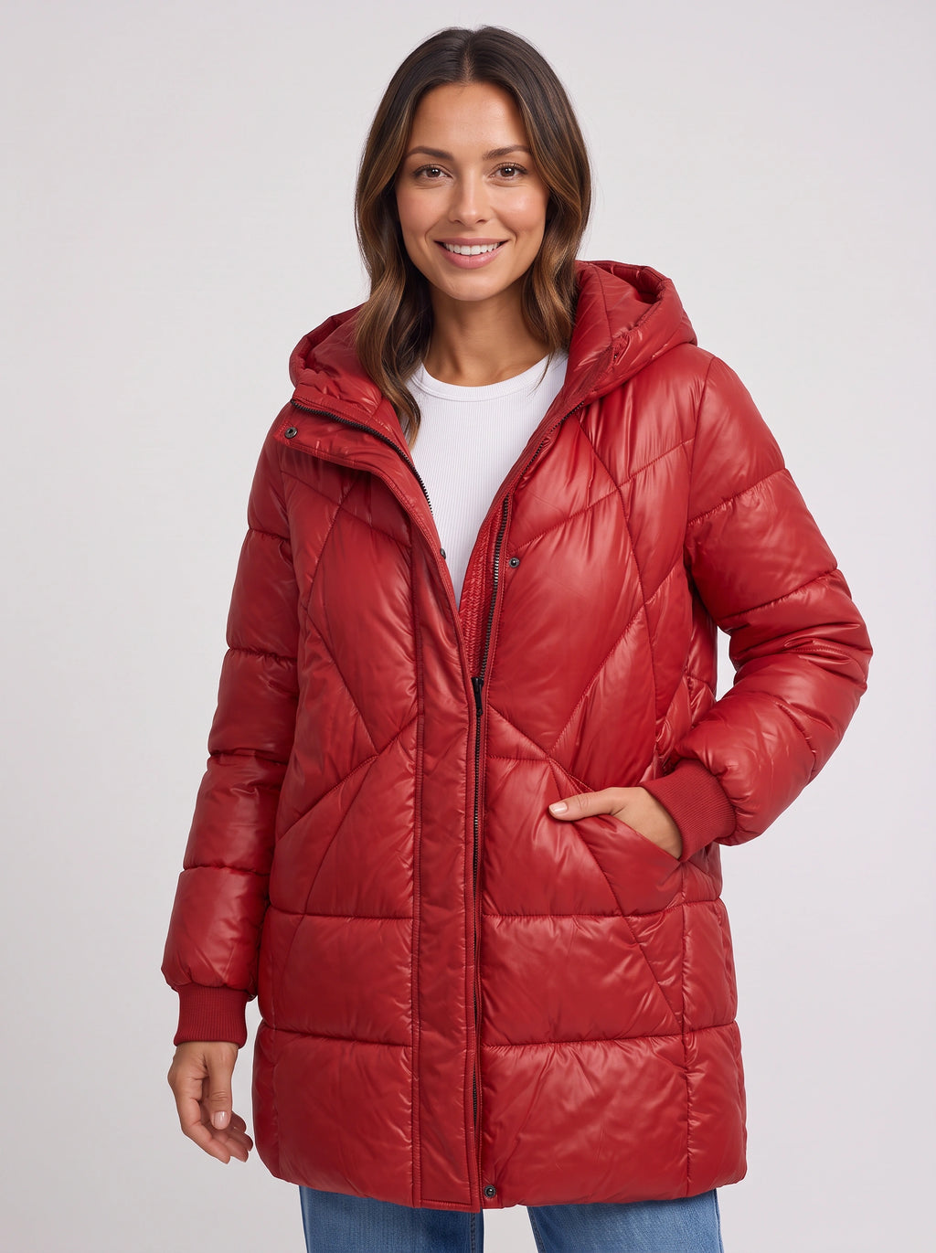 Rubesca Hooded Longline Puffer Jacket – Quilted Padded Winter Women Coat Ladies Red Puffer Jacket