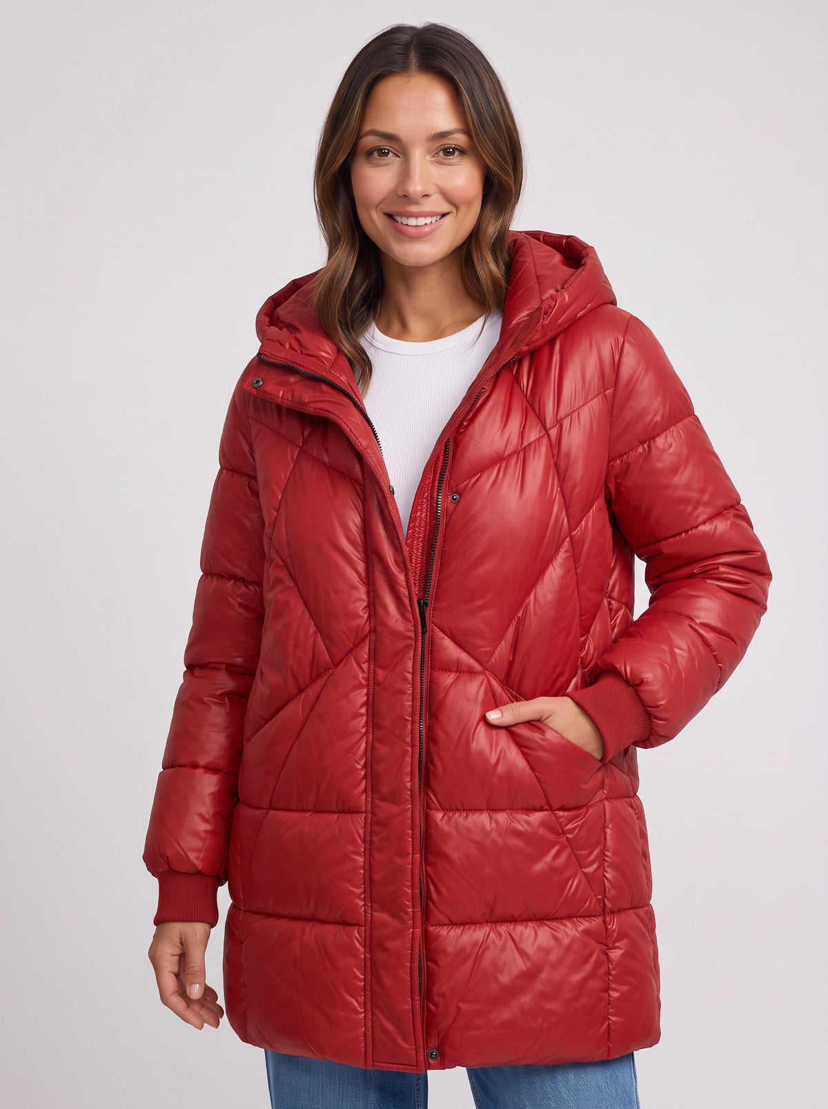 Rubesca Hooded Longline Puffer Jacket – Quilted Padded Winter Women Coat Ladies Red Puffer Jacket