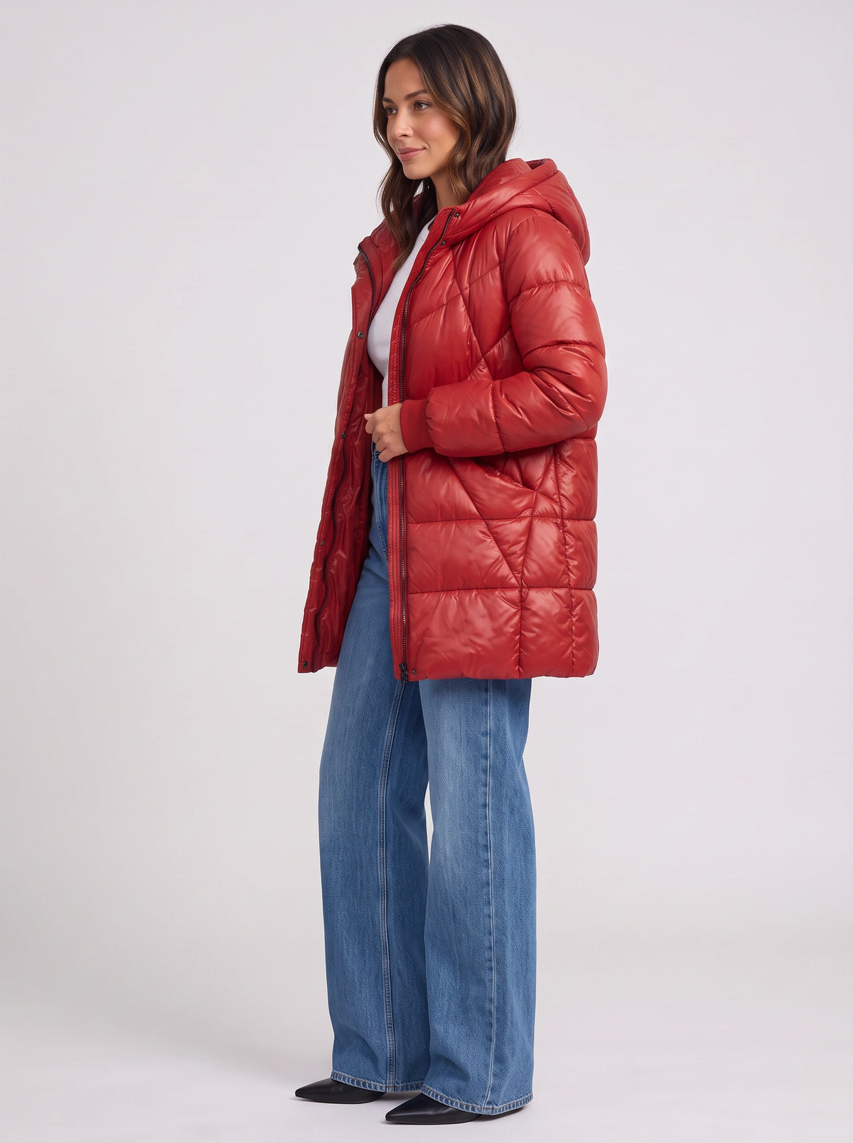 Rubesca Hooded Longline Puffer Jacket – Quilted Padded Winter Women Coat Ladies Red Puffer Jacket