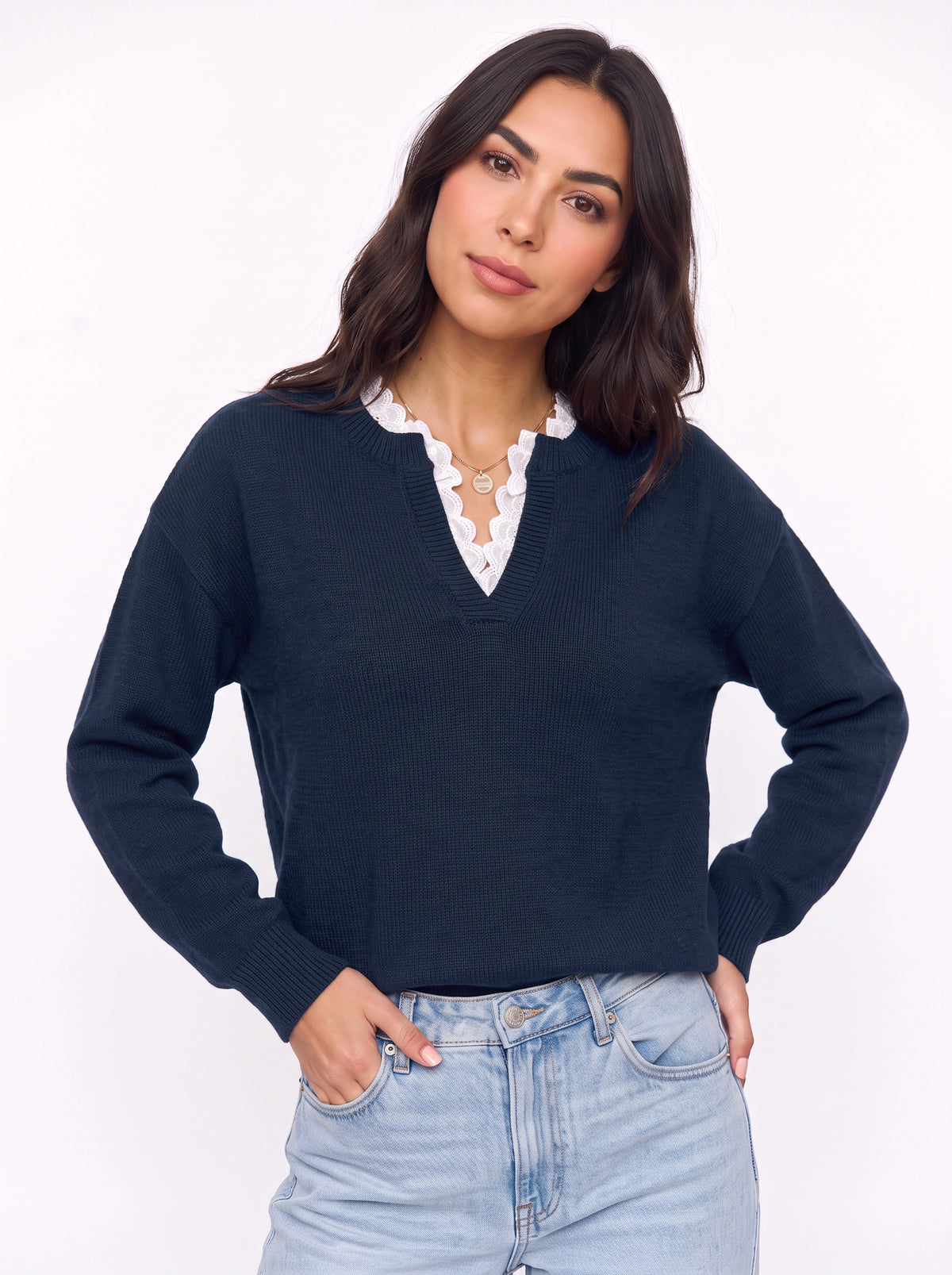 Scaldra Scalloped Collar Knit Jumper – Women Ribbed Knit Casual Smart Office Long Sleeve Jumper