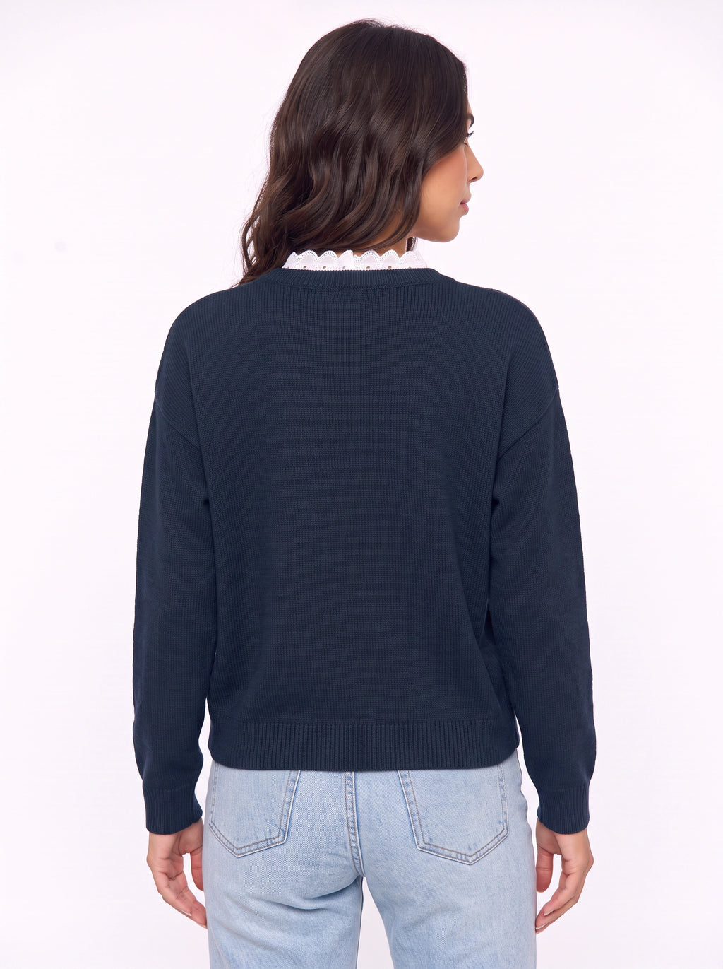 Scaldra Scalloped Collar Knit Jumper – Women Ribbed Knit Casual Smart Office Long Sleeve Jumper