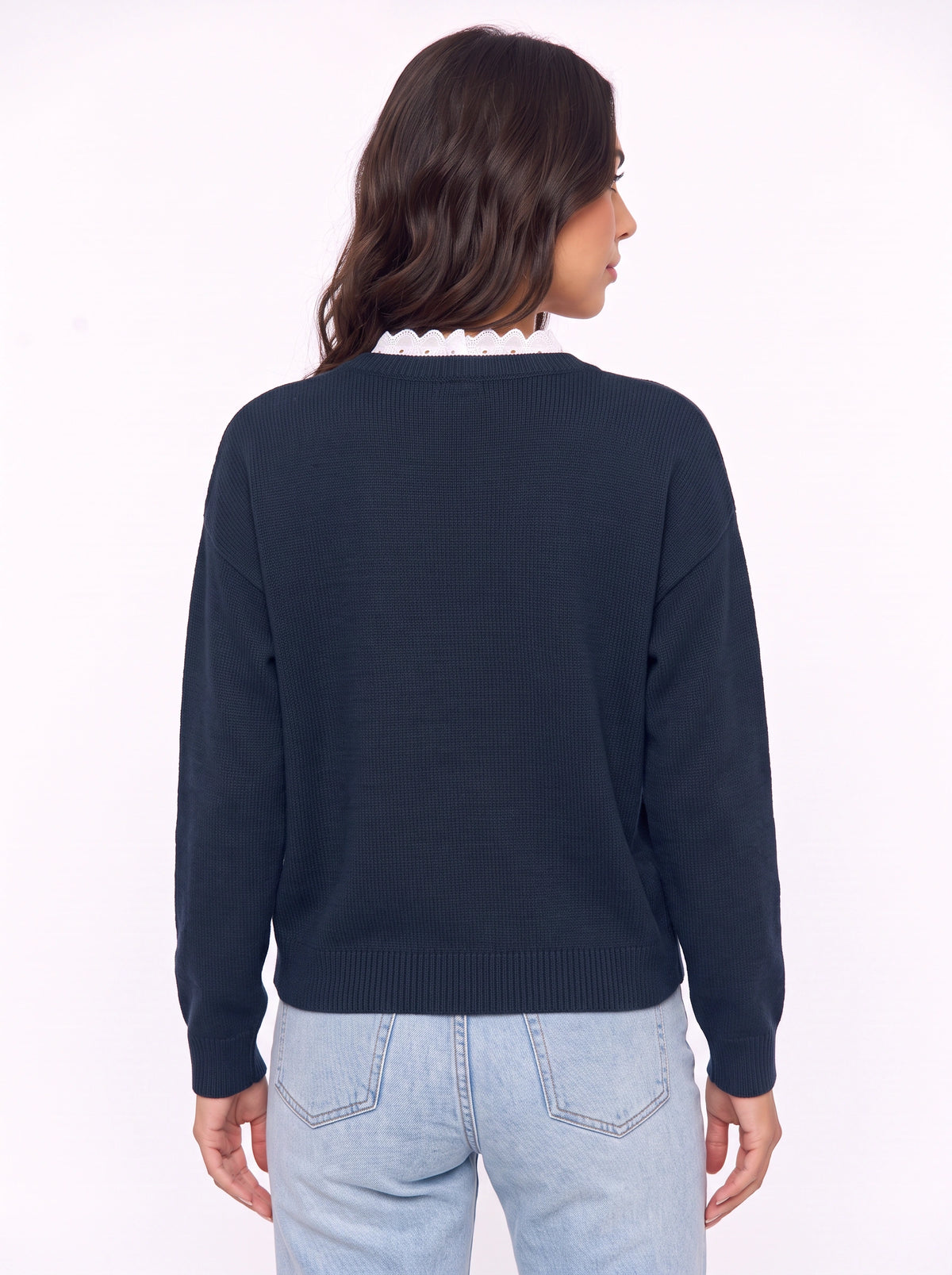 Scaldra Scalloped Collar Knit Jumper – Women Ribbed Knit Casual Smart Office Long Sleeve Jumper