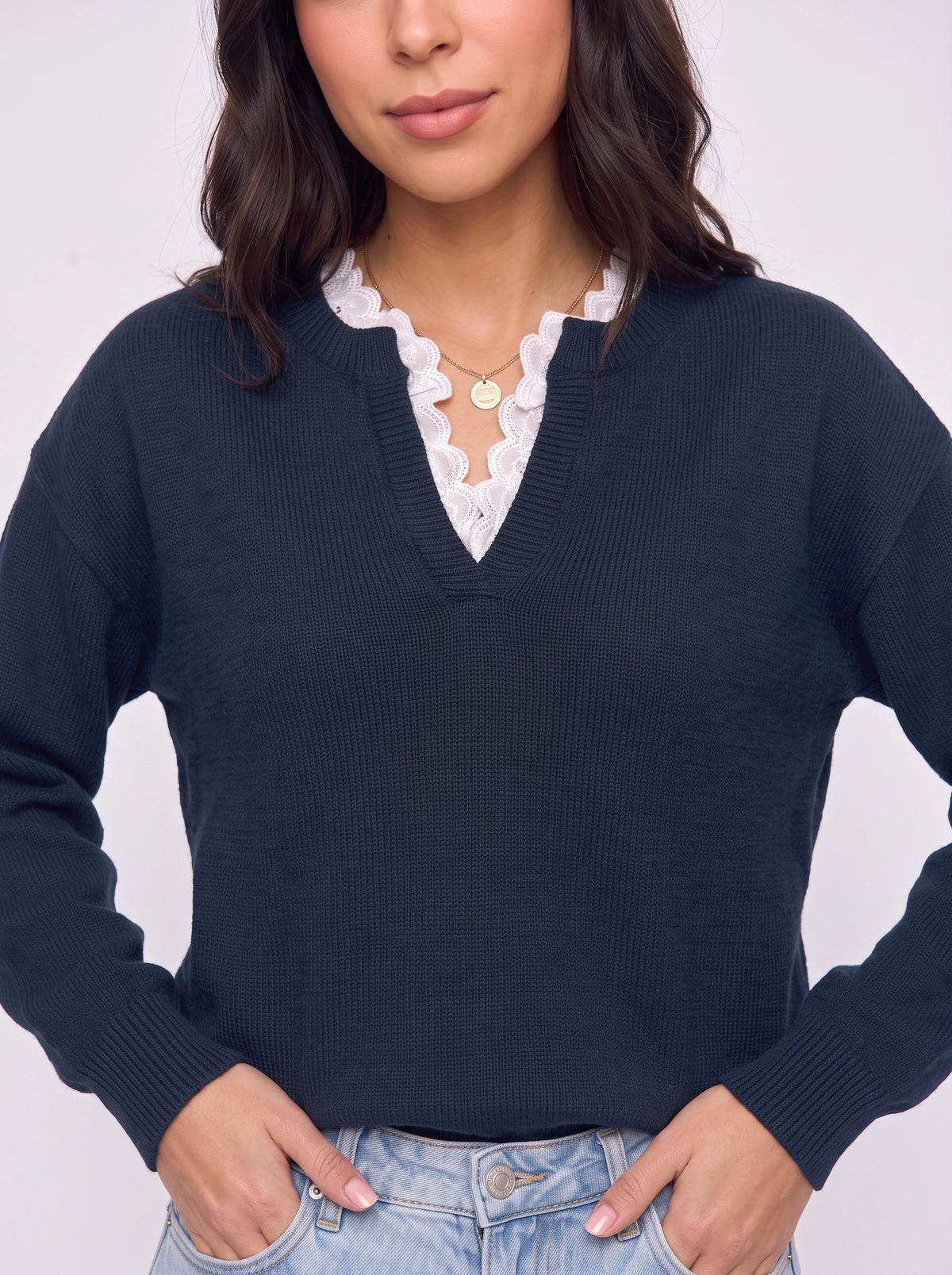 Scaldra Scalloped Collar Knit Jumper – Women Ribbed Knit Casual Smart Office Long Sleeve Jumper