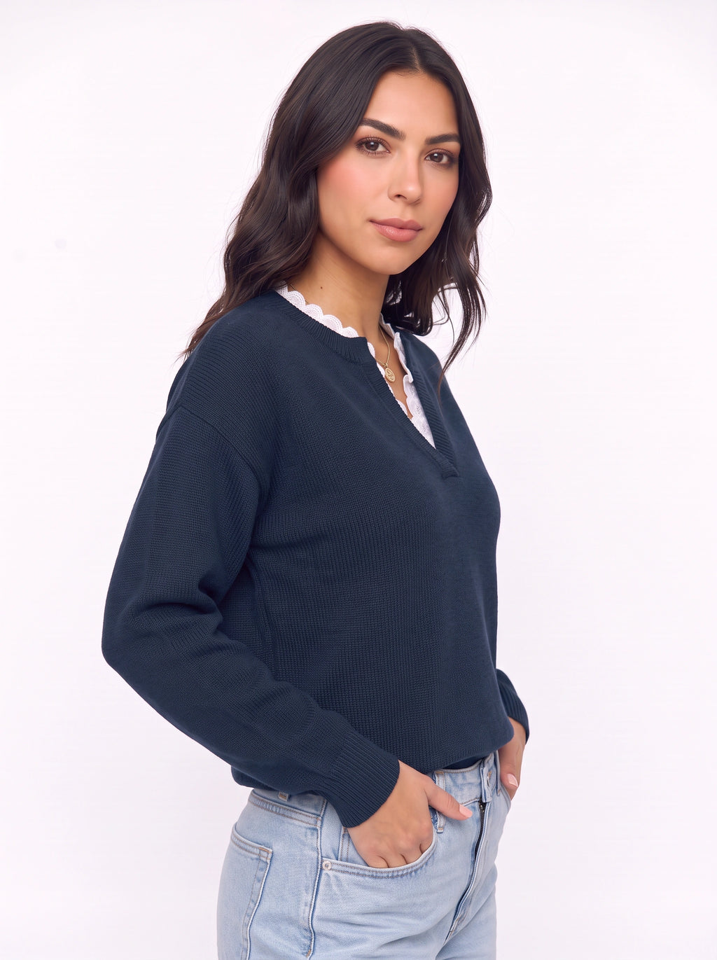 Scaldra Scalloped Collar Knit Jumper – Women Ribbed Knit Casual Smart Office Long Sleeve Jumper