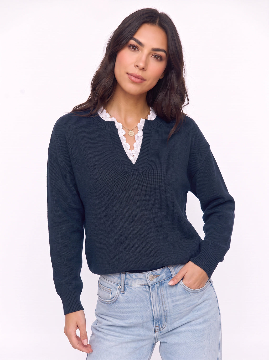Scaldra Scalloped Collar Knit Jumper – Women Ribbed Knit Casual Smart Office Long Sleeve Jumper