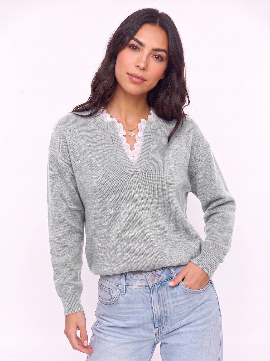 Scaldra Scalloped Collar Knit Jumper – Women Ribbed Knit Casual Smart Office Long Sleeve Jumper