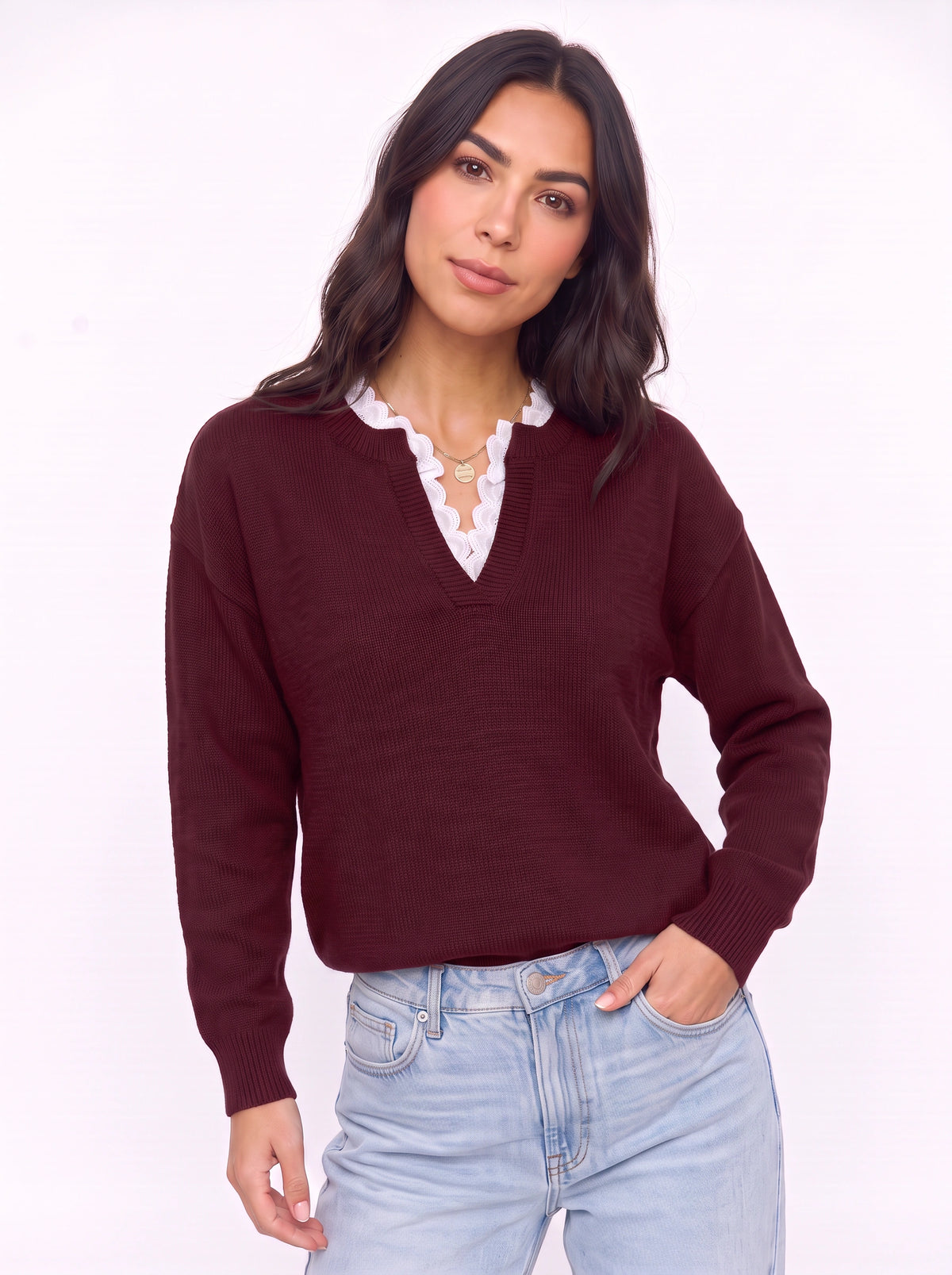 Scaldra Scalloped Collar Knit Jumper – Women Ribbed Knit Casual Smart Office Long Sleeve Jumper