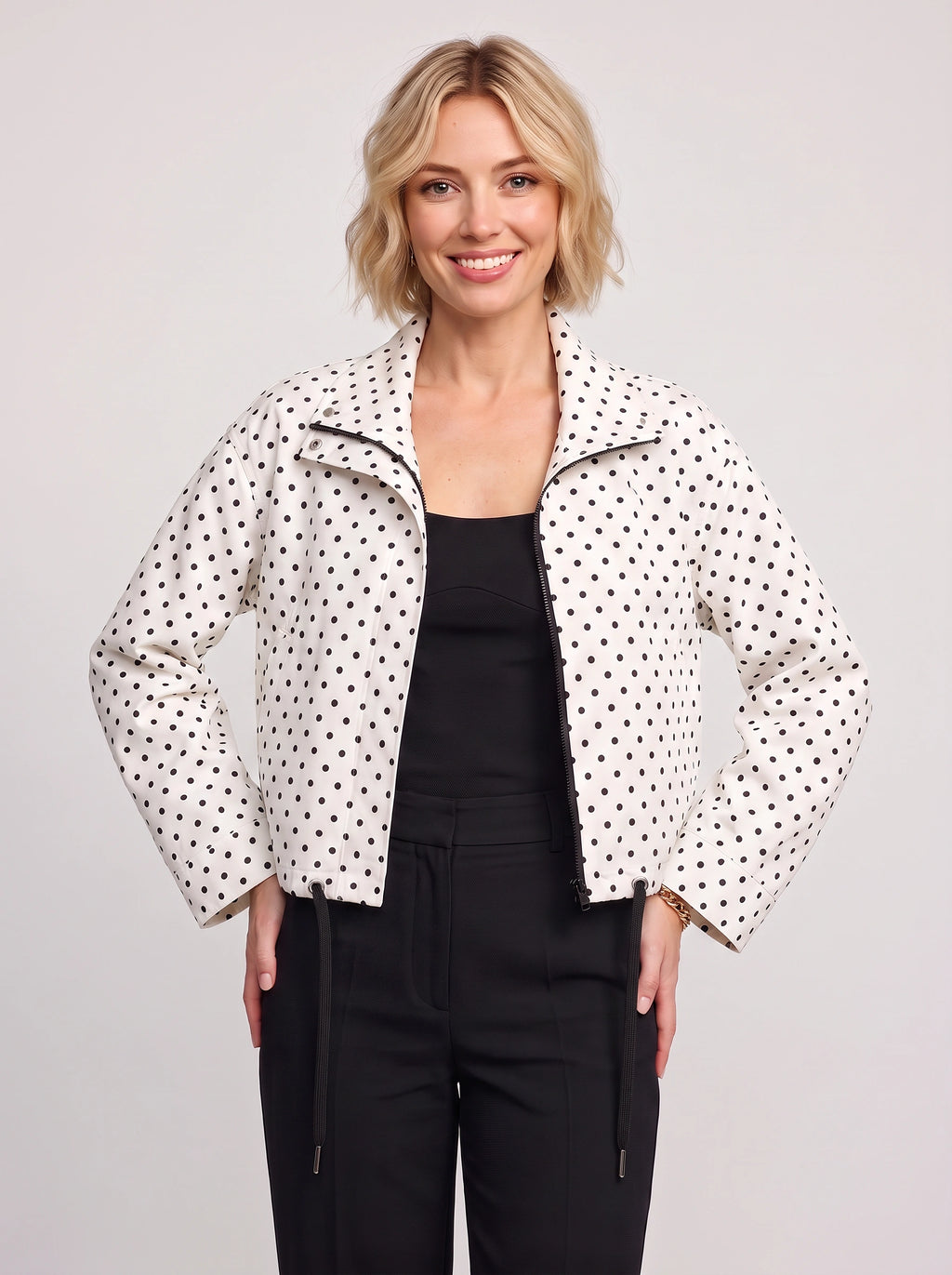 Thorlie Polka Dot Zip Jacket – Cropped Bomber Women Casual Lightweight Spotty Spring Workwear Jacket
