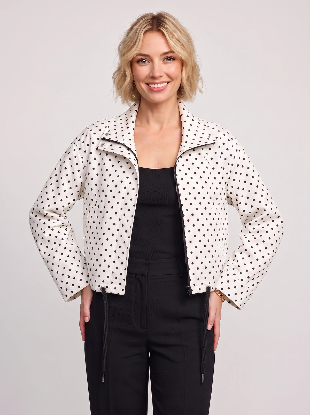 Thorlie Polka Dot Zip Jacket – Cropped Bomber Women Casual Lightweight Spotty Spring Workwear Jacket