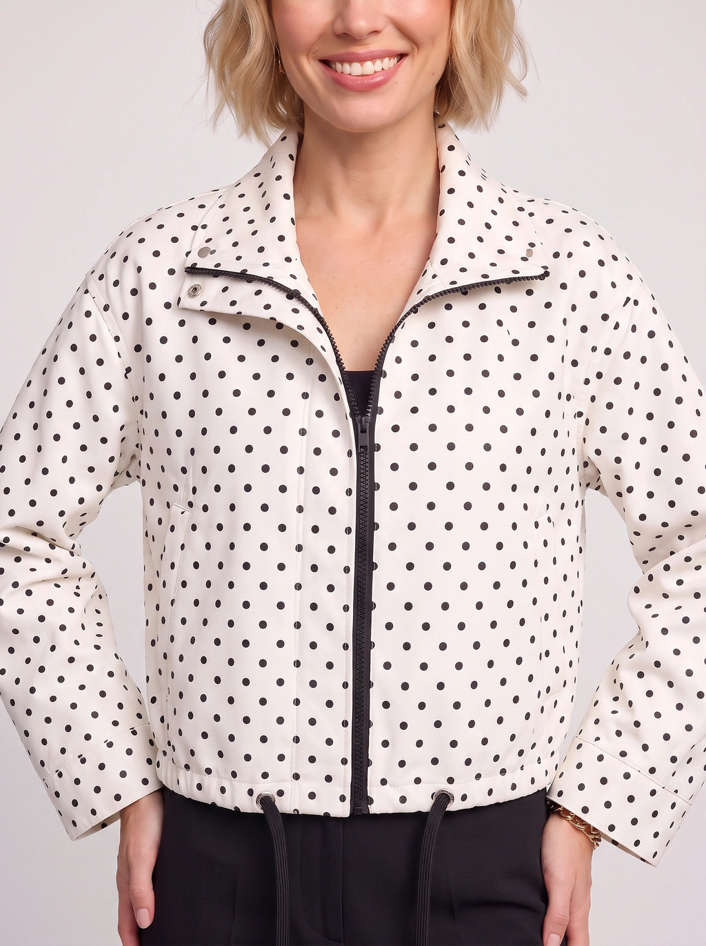 Thorlie Polka Dot Zip Jacket – Cropped Bomber Women Casual Lightweight Spotty Spring Workwear Jacket