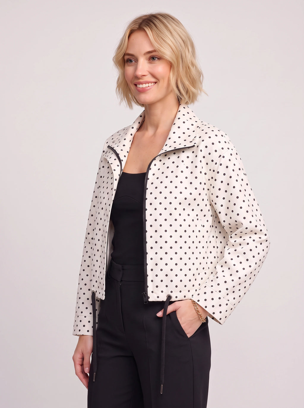 Thorlie Polka Dot Zip Jacket – Cropped Bomber Women Casual Lightweight Spotty Spring Workwear Jacket