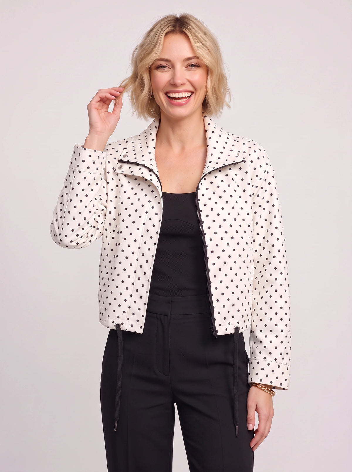 Thorlie Polka Dot Zip Jacket – Cropped Bomber Women Casual Lightweight Spotty Spring Workwear Jacket