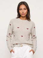 Larka Heart Embroidered Crew Neck Jumper – Women Knit Sweater Winter Casual Ribbed Pullover Long Sleeve