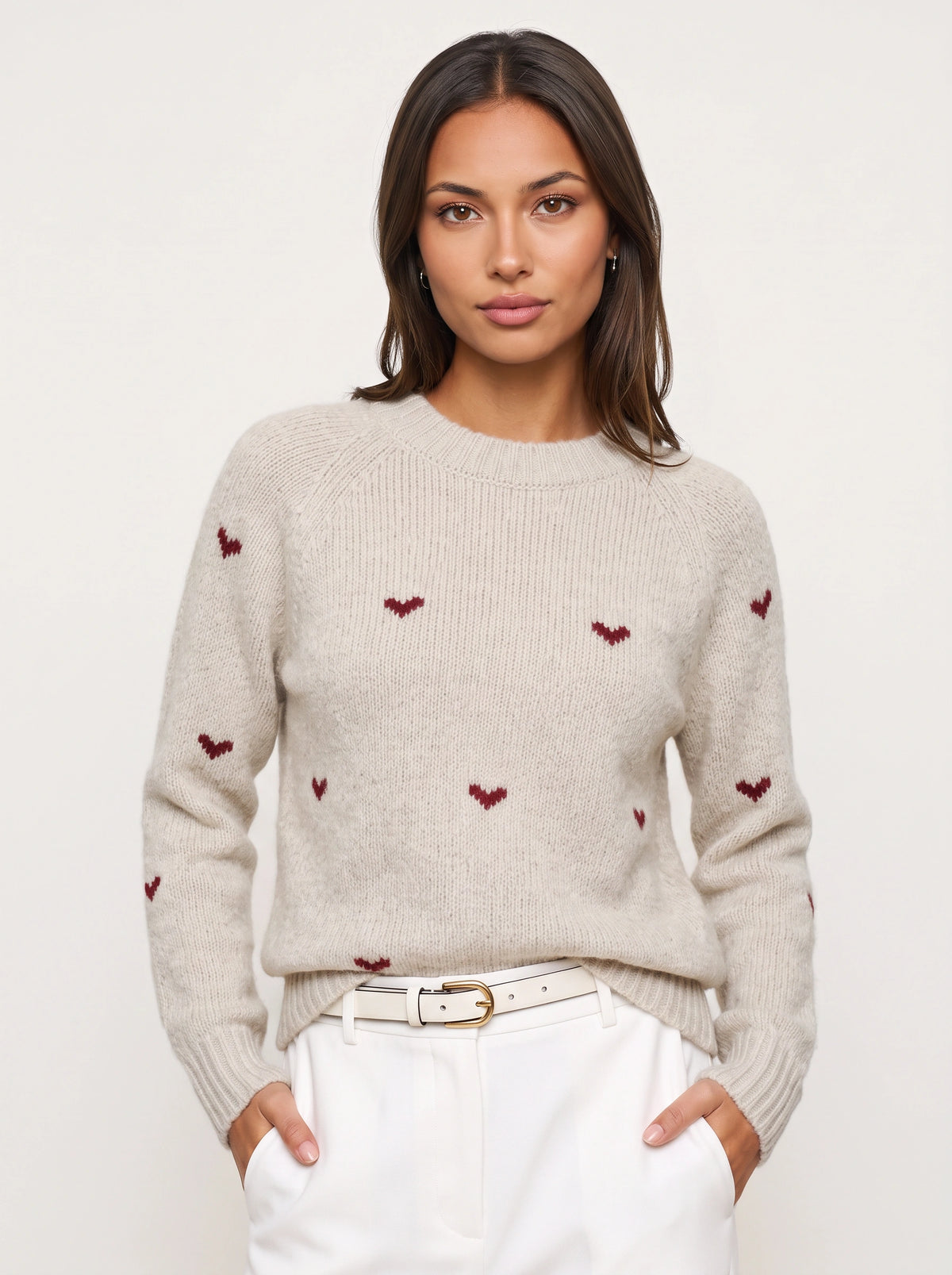 Larka Heart Embroidered Crew Neck Jumper – Women Knit Sweater Winter Casual Ribbed Pullover Long Sleeve