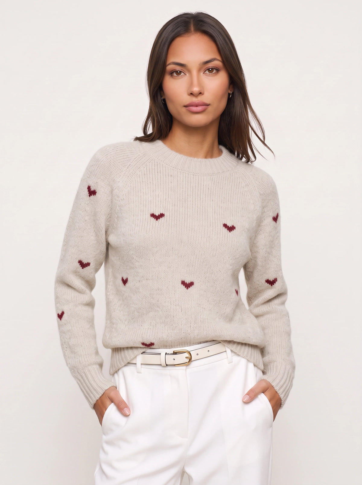 Larka Heart Embroidered Crew Neck Jumper – Women Knit Sweater Winter Casual Ribbed Pullover Long Sleeve