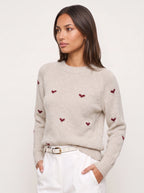 Larka Heart Embroidered Crew Neck Jumper – Women Knit Sweater Winter Casual Ribbed Pullover Long Sleeve