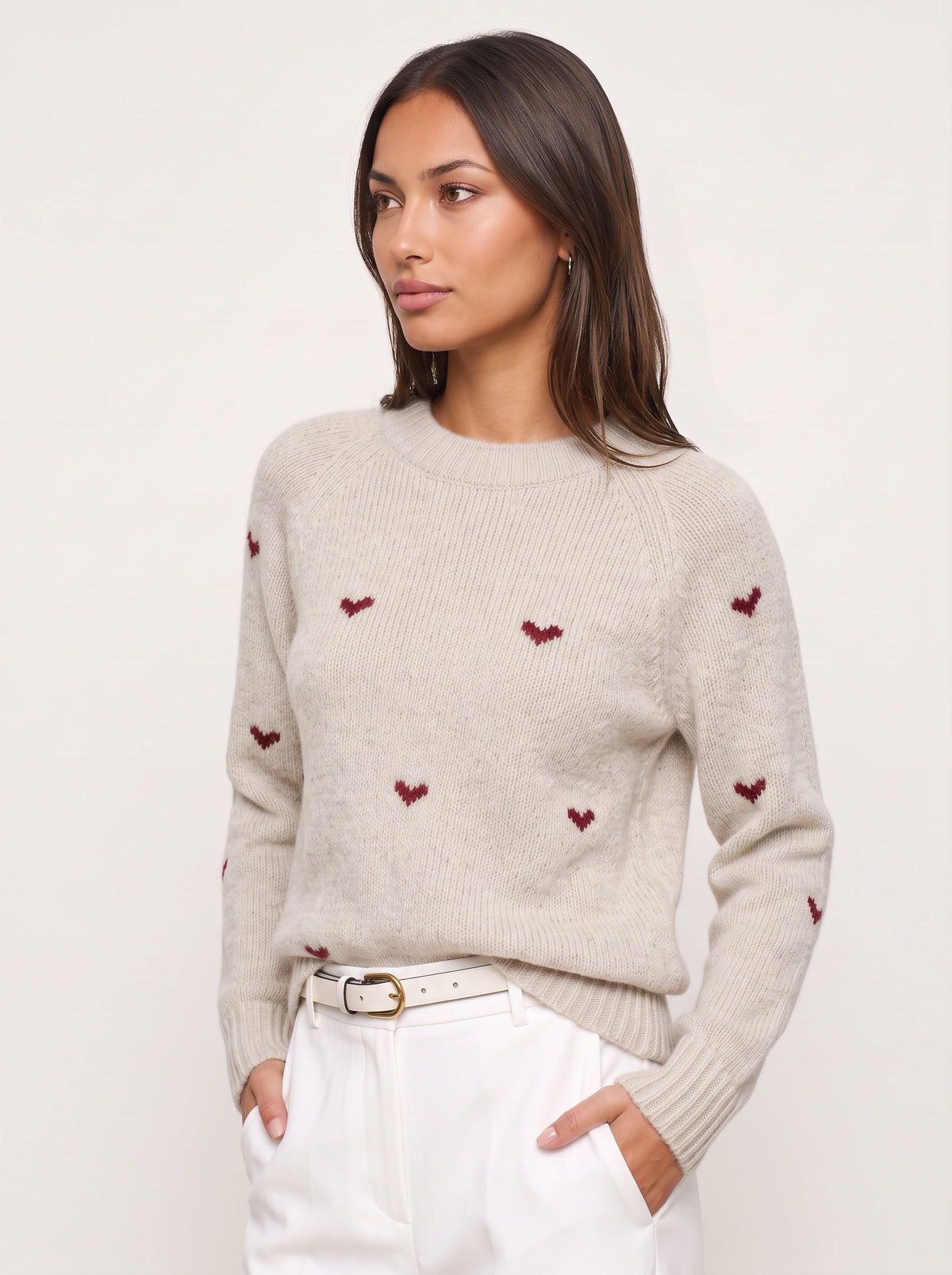 Larka Heart Embroidered Crew Neck Jumper – Women Knit Sweater Winter Casual Ribbed Pullover Long Sleeve