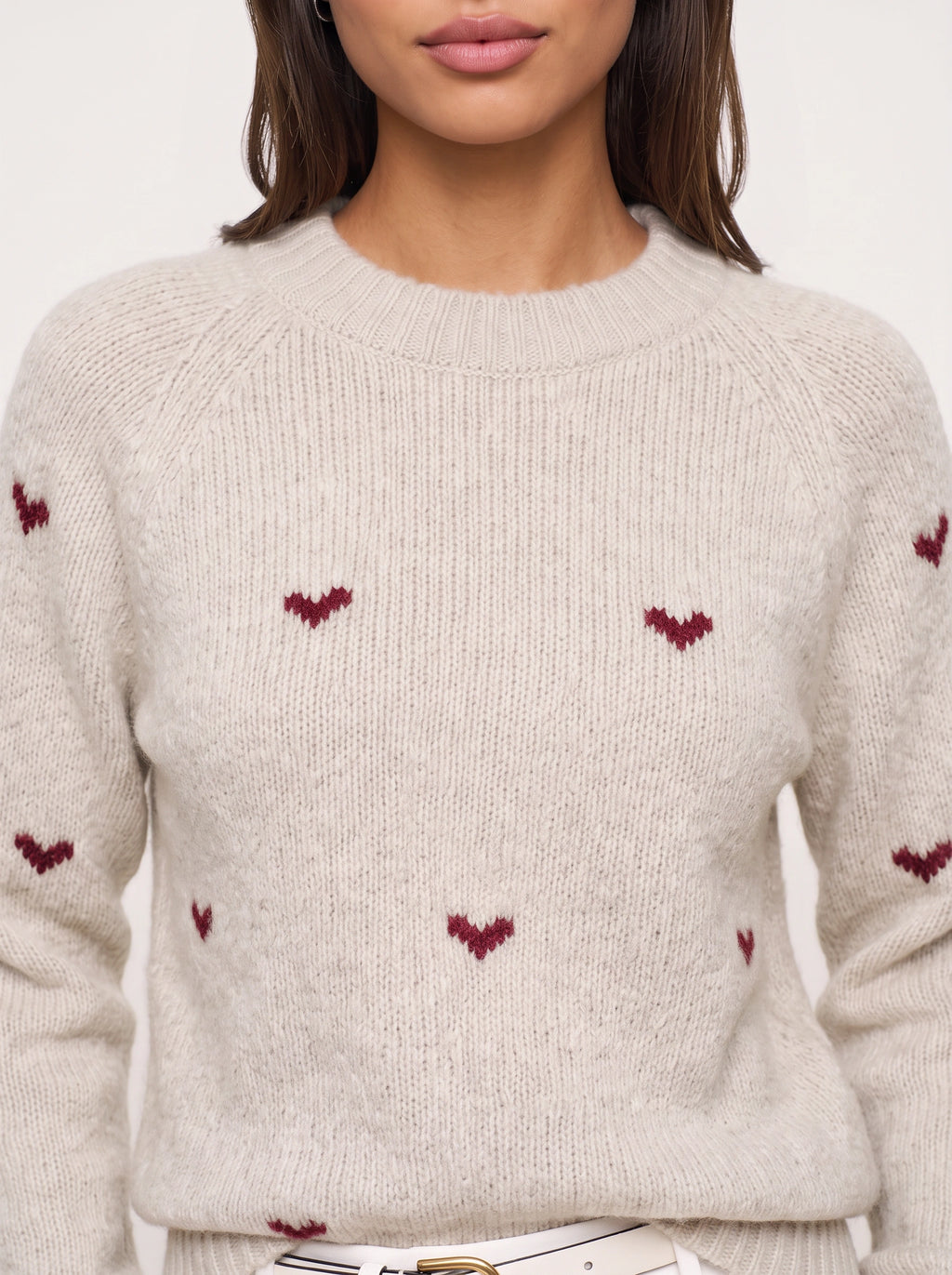 Larka Heart Embroidered Crew Neck Jumper – Women Knit Sweater Winter Casual Ribbed Pullover Long Sleeve