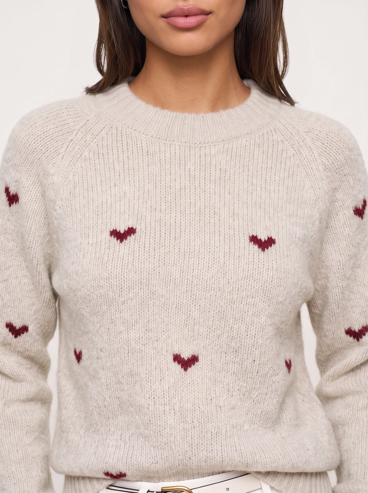 Larka Heart Embroidered Crew Neck Jumper – Women Knit Sweater Winter Casual Ribbed Pullover Long Sleeve
