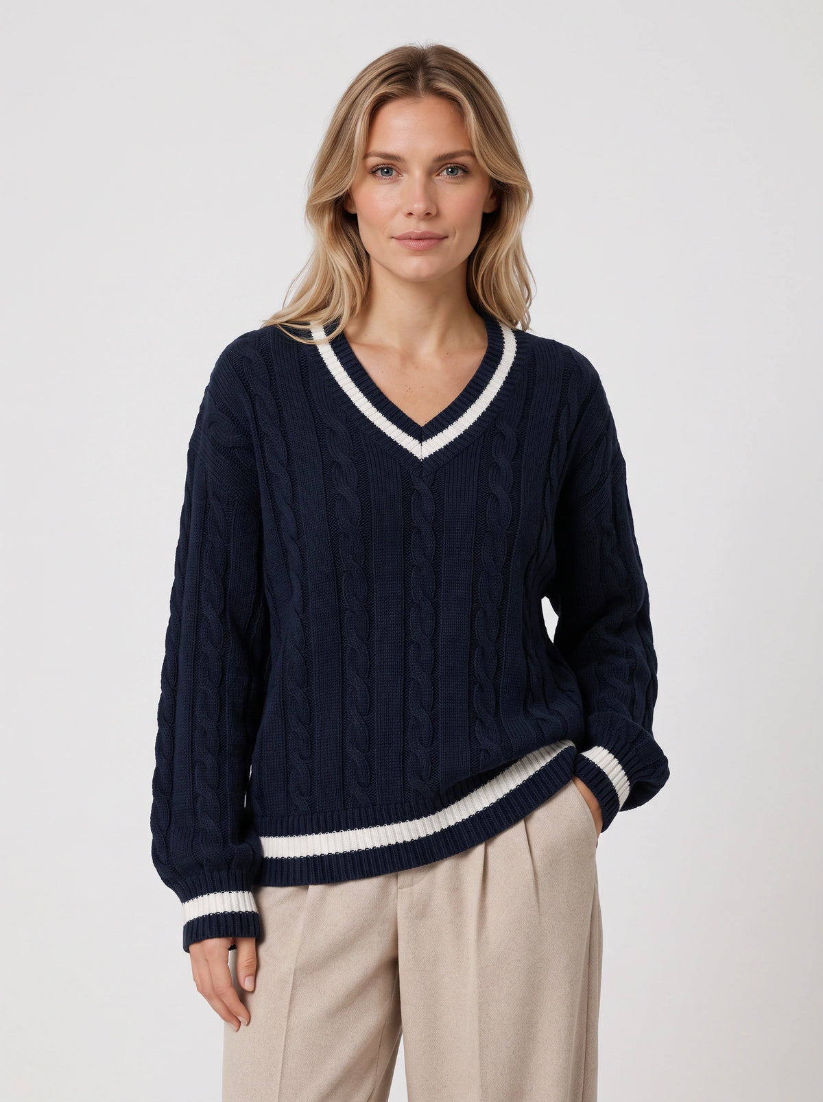 Palefen Cable Knit V-Neck Jumper – Cricket Stripe Women Navy Cable Knit Sweater Long Sleeve Pullover