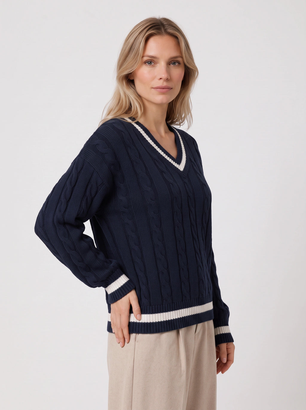 Palefen Cable Knit V-Neck Jumper – Cricket Stripe Women Navy Cable Knit Sweater Long Sleeve Pullover