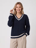 Palefen Cable Knit V-Neck Jumper – Cricket Stripe Women Navy Cable Knit Sweater Long Sleeve Pullover