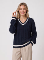 Palefen Cable Knit V-Neck Jumper – Cricket Stripe Women Navy Cable Knit Sweater Long Sleeve Pullover