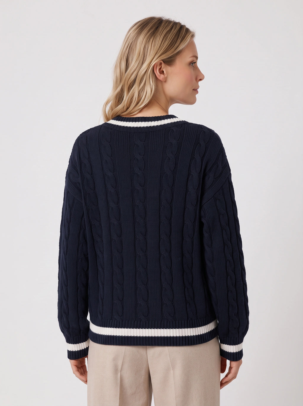 Palefen Cable Knit V-Neck Jumper – Cricket Stripe Women Navy Cable Knit Sweater Long Sleeve Pullover