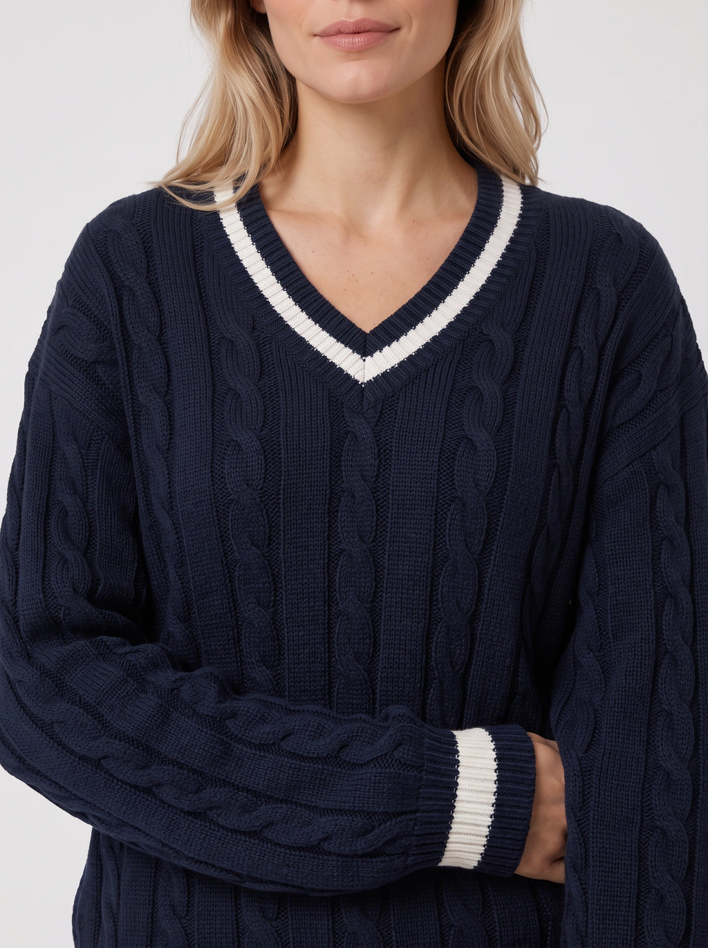 Palefen Cable Knit V-Neck Jumper – Cricket Stripe Women Navy Cable Knit Sweater Long Sleeve Pullover