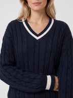 Palefen Cable Knit V-Neck Jumper – Cricket Stripe Women Navy Cable Knit Sweater Long Sleeve Pullover