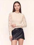 Rivena Ribbed Lace Sleeve Jumper – Women Cream Floral Knit Winter Pullover Crew Neck Long Sleeve Top