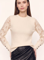 Rivena Ribbed Lace Sleeve Jumper – Women Cream Floral Knit Winter Pullover Crew Neck Long Sleeve Top