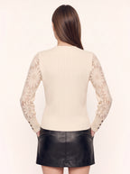 Rivena Ribbed Lace Sleeve Jumper – Women Cream Floral Knit Winter Pullover Crew Neck Long Sleeve Top