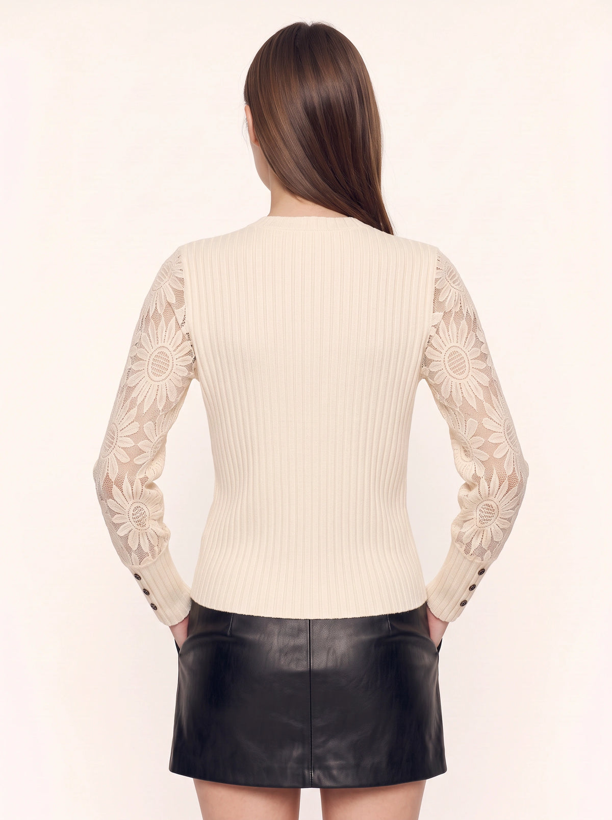 Rivena Ribbed Lace Sleeve Jumper – Women Cream Floral Knit Winter Pullover Crew Neck Long Sleeve Top