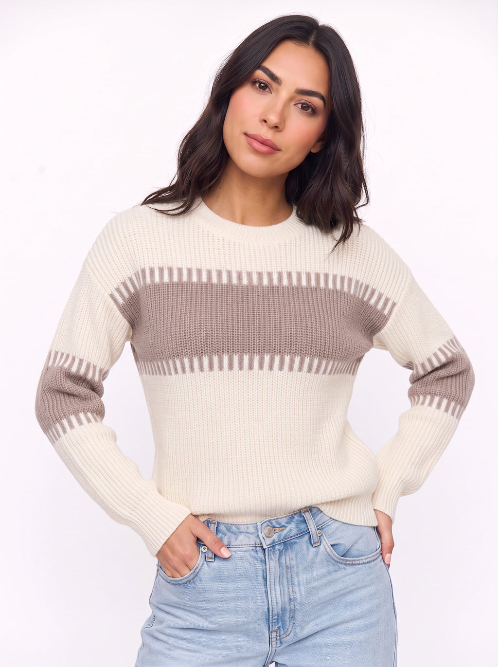 Tallowe Ribbed Stripe Crew Neck Jumper – Women Oversized Chunky Knit Sweater Winter Casual Pullover