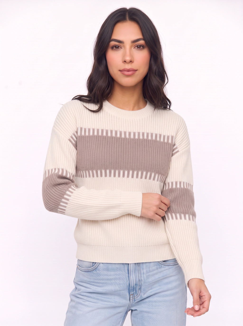 Tallowe Ribbed Stripe Crew Neck Jumper – Women Oversized Chunky Knit Sweater Winter Casual Pullover