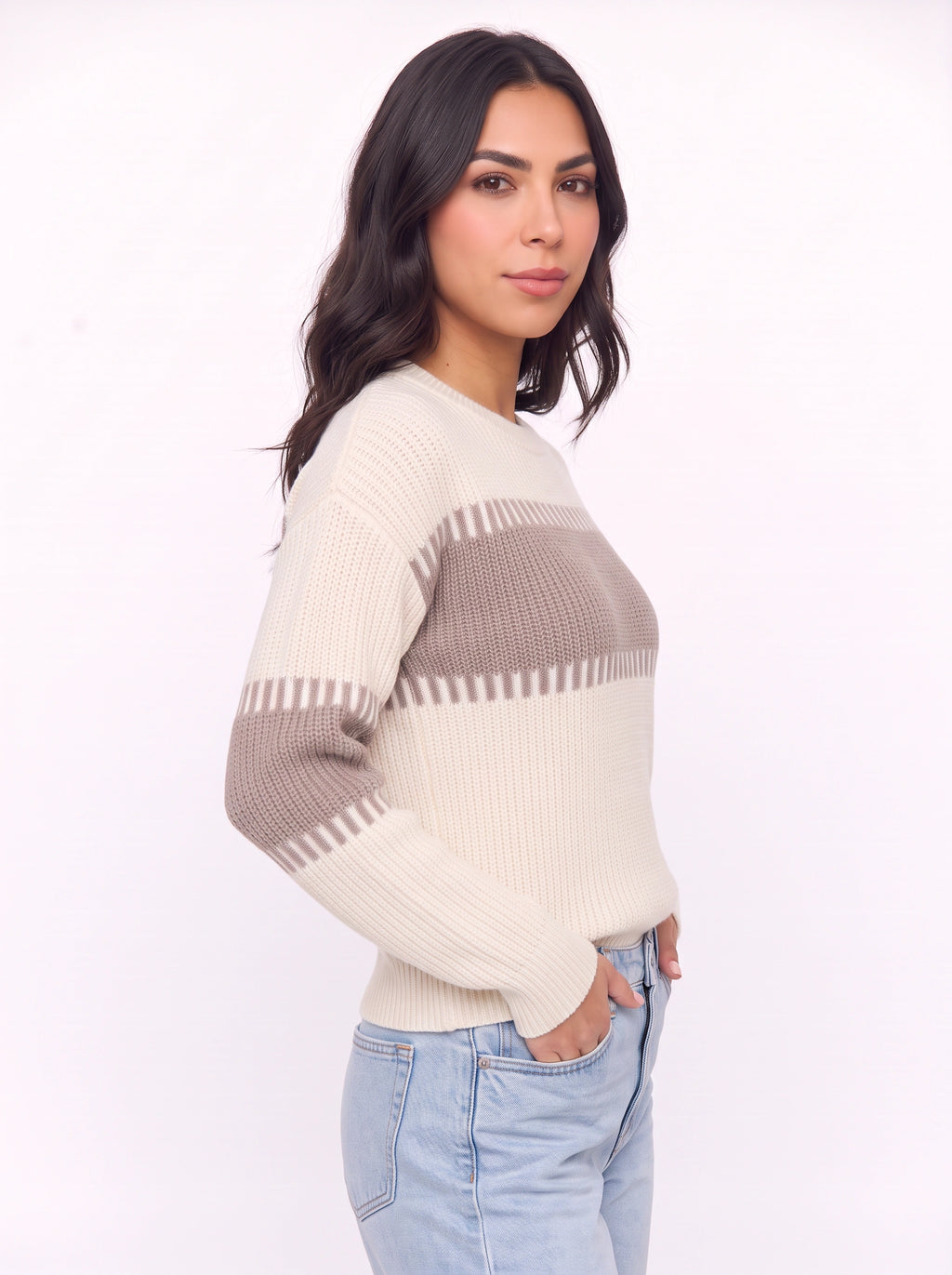 Tallowe Ribbed Stripe Crew Neck Jumper – Women Oversized Chunky Knit Sweater Winter Casual Pullover
