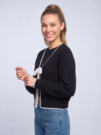 Scalrim Scalloped Trim Bow Front Cardigan – Women Knit Sweater Casual Fall Layering Cardigan
