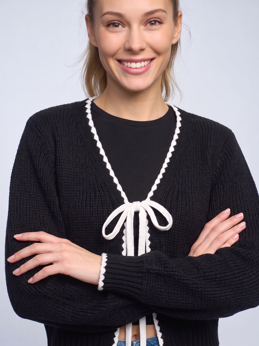 Scalrim Scalloped Trim Bow Front Cardigan – Women Knit Sweater Casual Fall Layering Cardigan