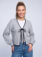Scalrim Scalloped Trim Bow Front Cardigan – Women Knit Sweater Casual Fall Layering Cardigan