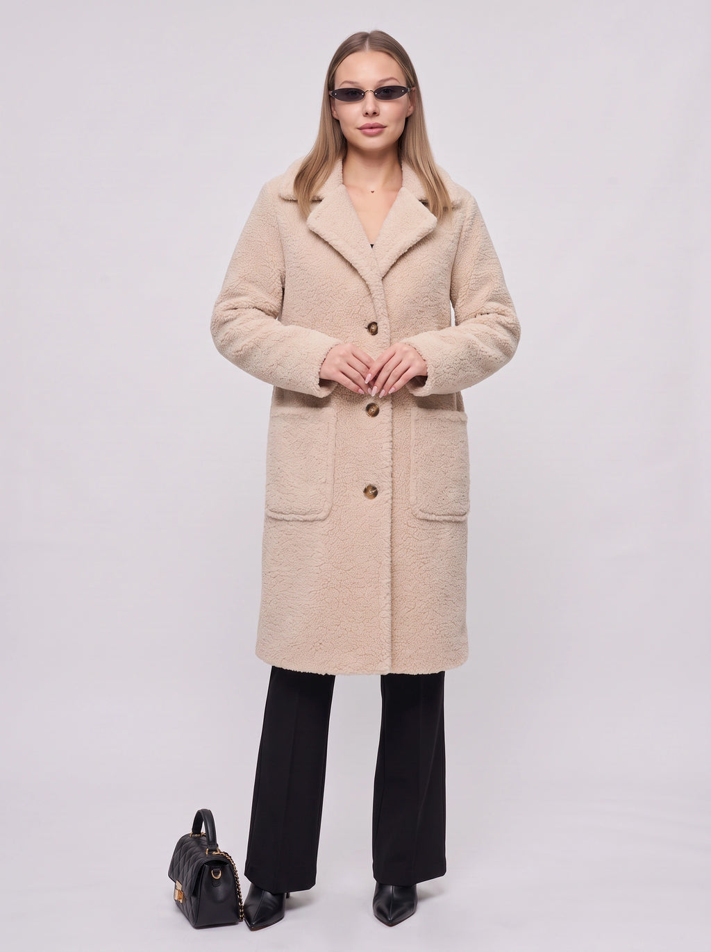 Nochelle Longline Teddy Coat – Double-Breasted Winter Women Outerwear Trench Coat London Style Longline Coat